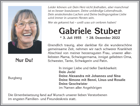 Traueranzeige von Gabriele Stuber von Allgäuer Anzeigeblatt