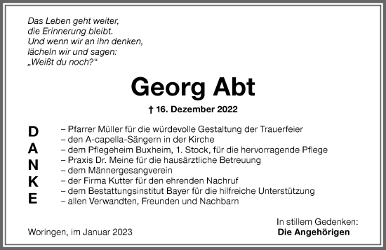 Traueranzeige von Georg Abt von Memminger Zeitung