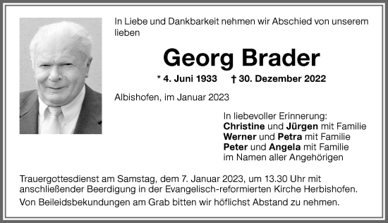 Traueranzeige von Georg Brader von Memminger Zeitung
