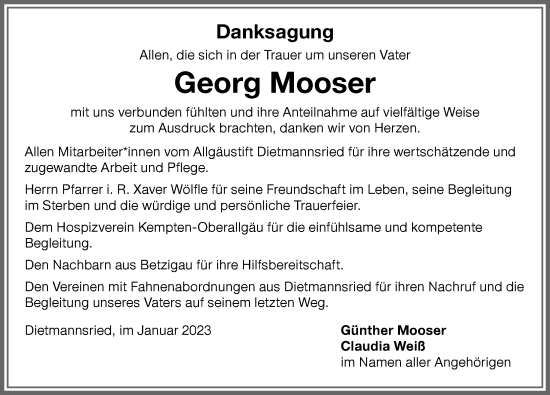 Traueranzeige von Georg Mooser von Allgäuer Zeitung,Kempten