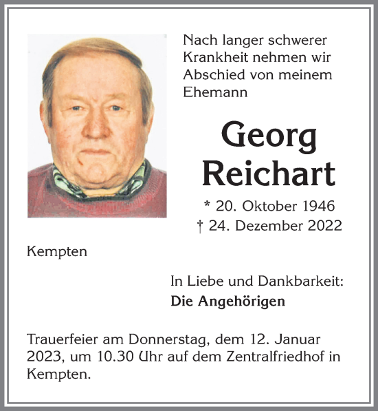 Traueranzeige von Georg Reichart von Allgäuer Zeitung,Kempten