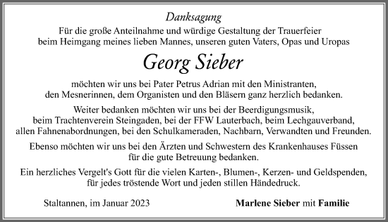 Traueranzeige von Georg Sieber von Allgäuer Zeitung, Füssen