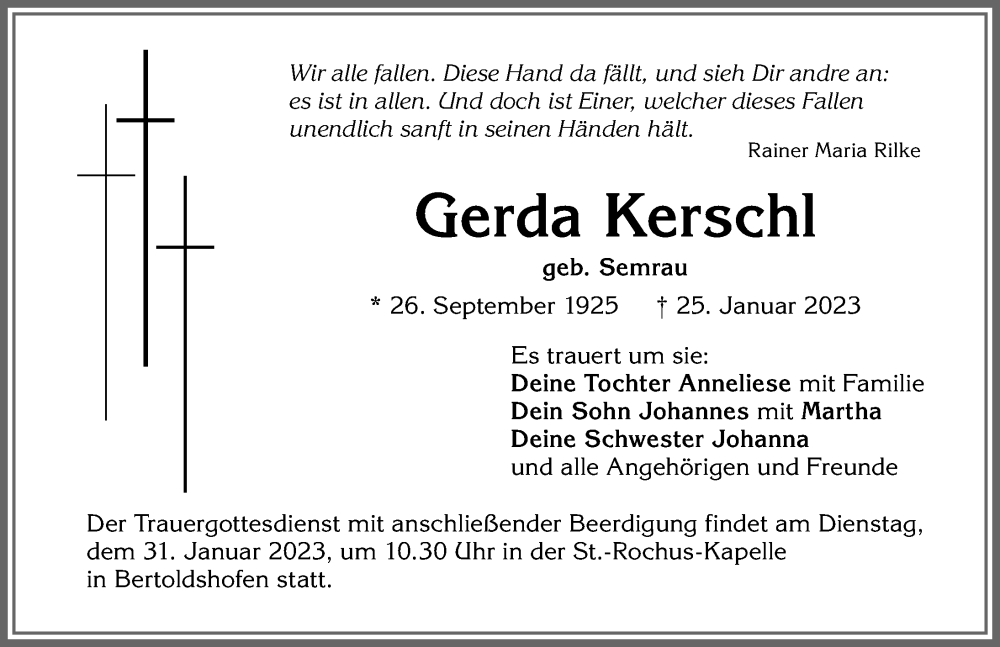  Traueranzeige für Gerda Kerschl vom 28.01.2023 aus Allgäuer Zeitung, Marktoberdorf