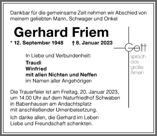Traueranzeige von Gerhard Friem von Memminger Zeitung