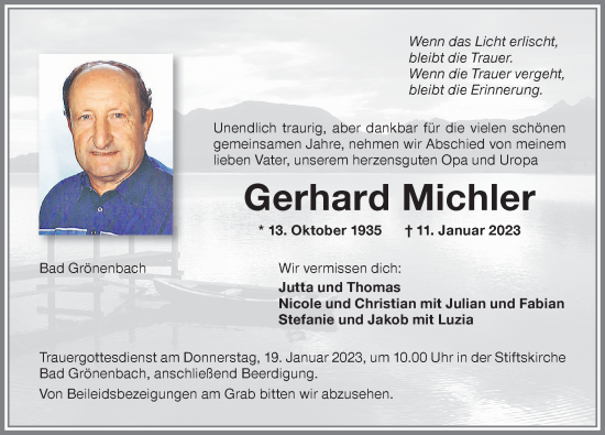Traueranzeige von Gerhard Michler von Memminger Zeitung