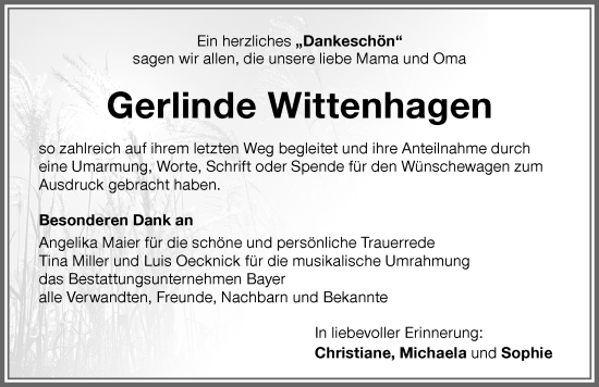 Traueranzeige von Gerlinde Wittenhagen von Memminger Zeitung
