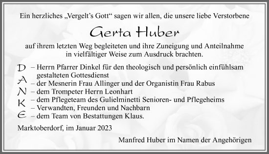 Traueranzeige von Gerta Huber von Allgäuer Zeitung, Marktoberdorf