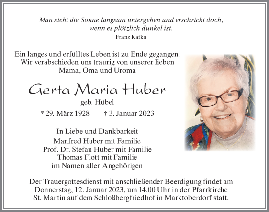 Traueranzeige von Gerta Maria Huber von Allgäuer Zeitung, Marktoberdorf
