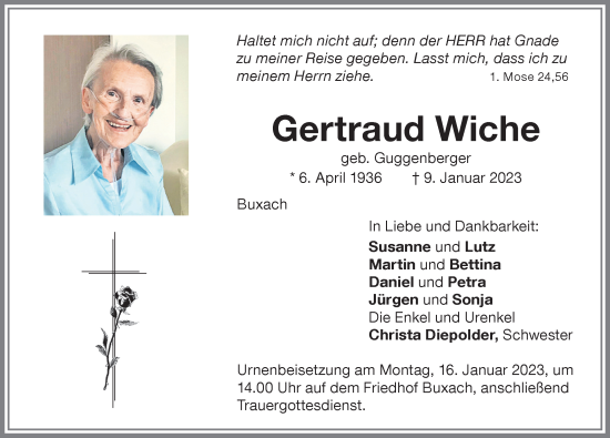 Traueranzeige von Gertraud Wiche von Memminger Zeitung