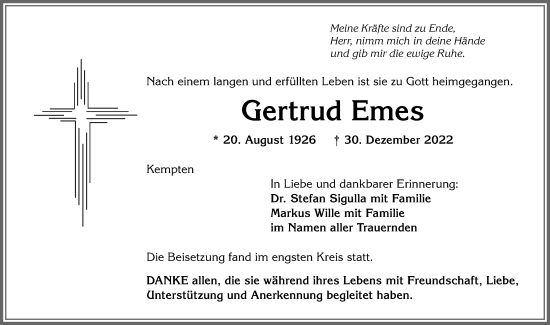 Traueranzeige von Gertrud Emes von Allgäuer Zeitung,Kempten