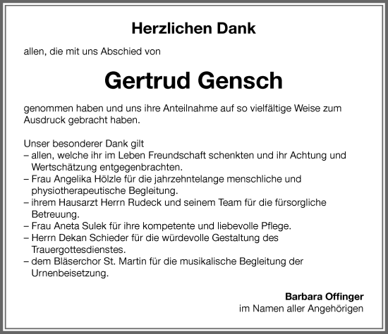 Traueranzeige von Gertrud Gensch von Memminger Zeitung