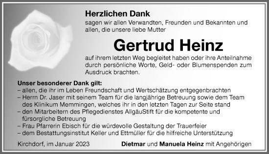 Traueranzeige von Gertrud Heinz von Memminger Zeitung