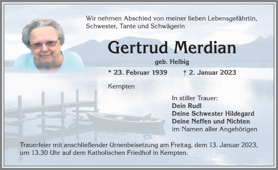 Traueranzeige von Gertrud Merdian von Allgäuer Zeitung,Kempten