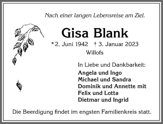 Traueranzeige von Gisa Blank von Allgäuer Zeitung, Marktoberdorf
