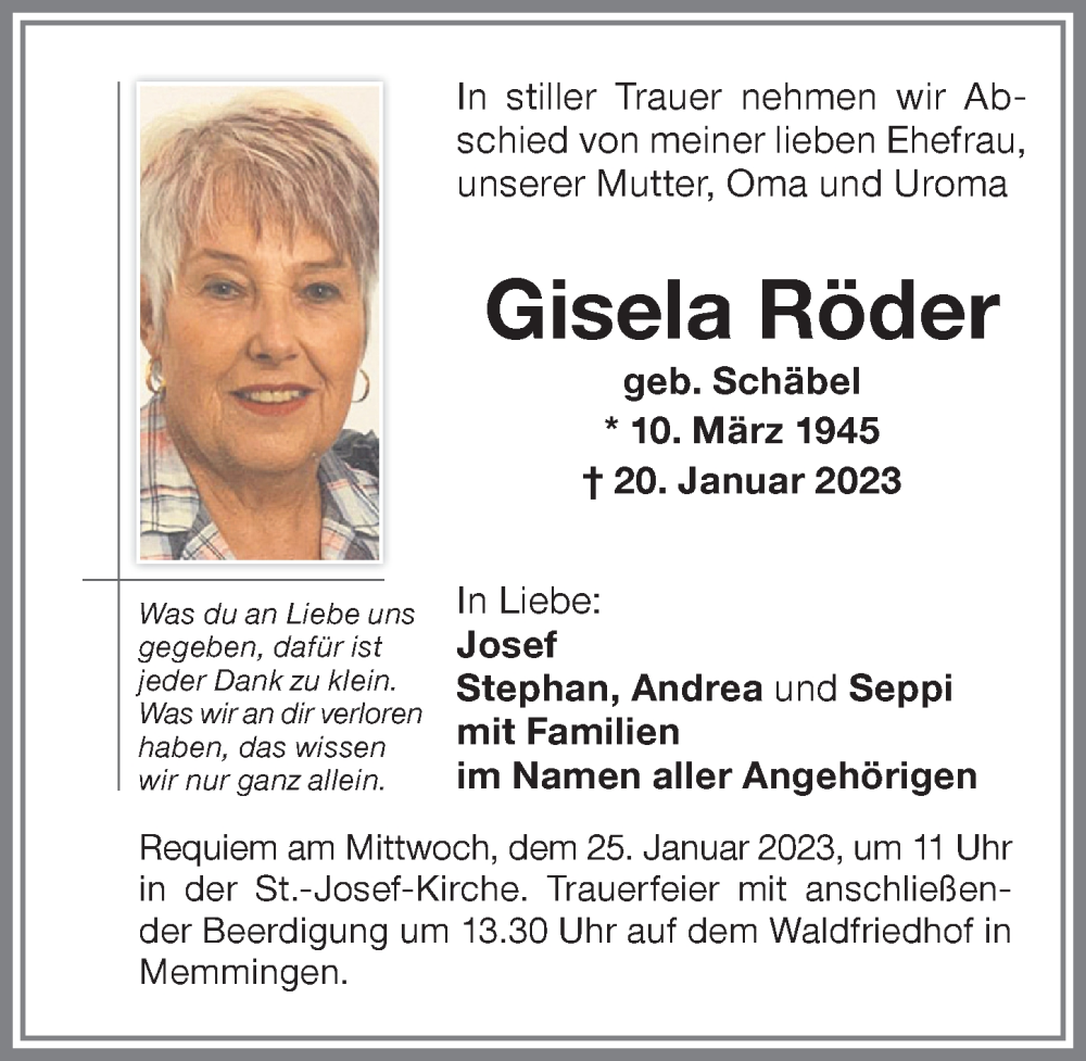  Traueranzeige für Gisela Röder vom 24.01.2023 aus Memminger Zeitung