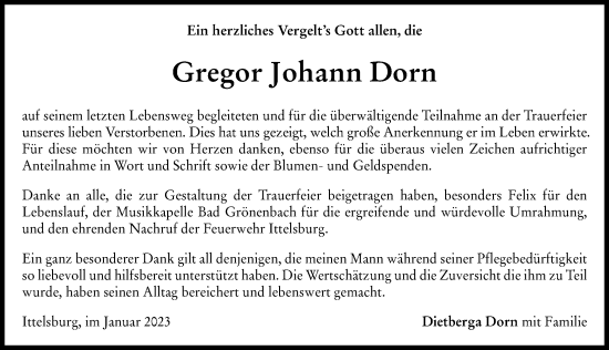 Traueranzeige von Gregor Johann Dorn von Memminger Zeitung