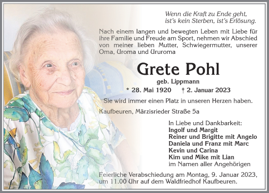 Traueranzeige von Grete Pohl von Allgäuer Zeitung, Kaufbeuren/Buchloe