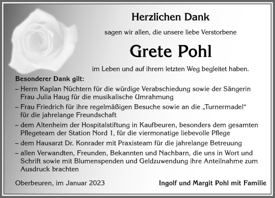 Traueranzeige von Grete Pohl von Allgäuer Zeitung, Kaufbeuren/Buchloe