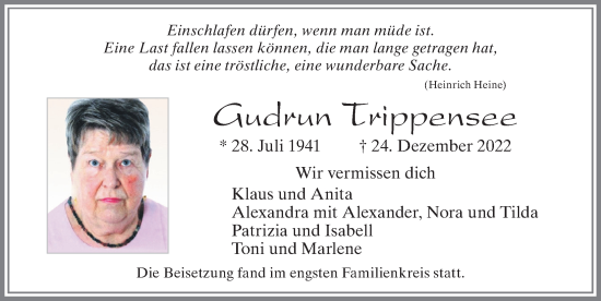 Traueranzeige von Gudrun Trippensee von Allgäuer Zeitung, Marktoberdorf