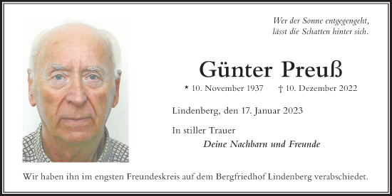 Traueranzeige von Günter Preuß von Der Westallgäuer