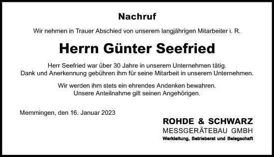 Traueranzeige von Günter Seefried von Memminger Zeitung