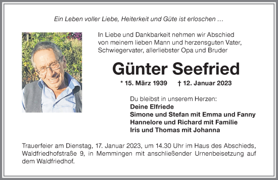 Traueranzeige von Günter Seefried von Memminger Zeitung