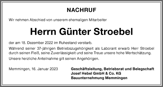 Traueranzeige von Günter Stroebel von Memminger Zeitung