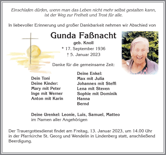 Traueranzeige von Gunda Faßnacht von Allgäuer Zeitung, Kaufbeuren/Buchloe