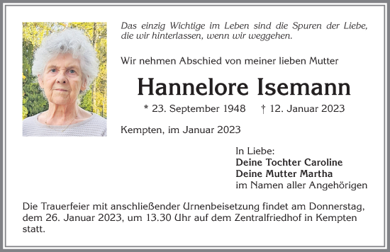 Traueranzeige von Hannelore Isemann von Allgäuer Zeitung,Kempten