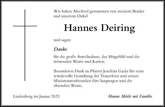Traueranzeige von Hannes Deiring von Der Westallgäuer
