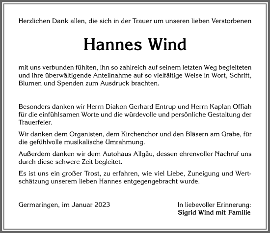 Traueranzeige von Hannes Wind von Allgäuer Zeitung, Kaufbeuren/Buchloe