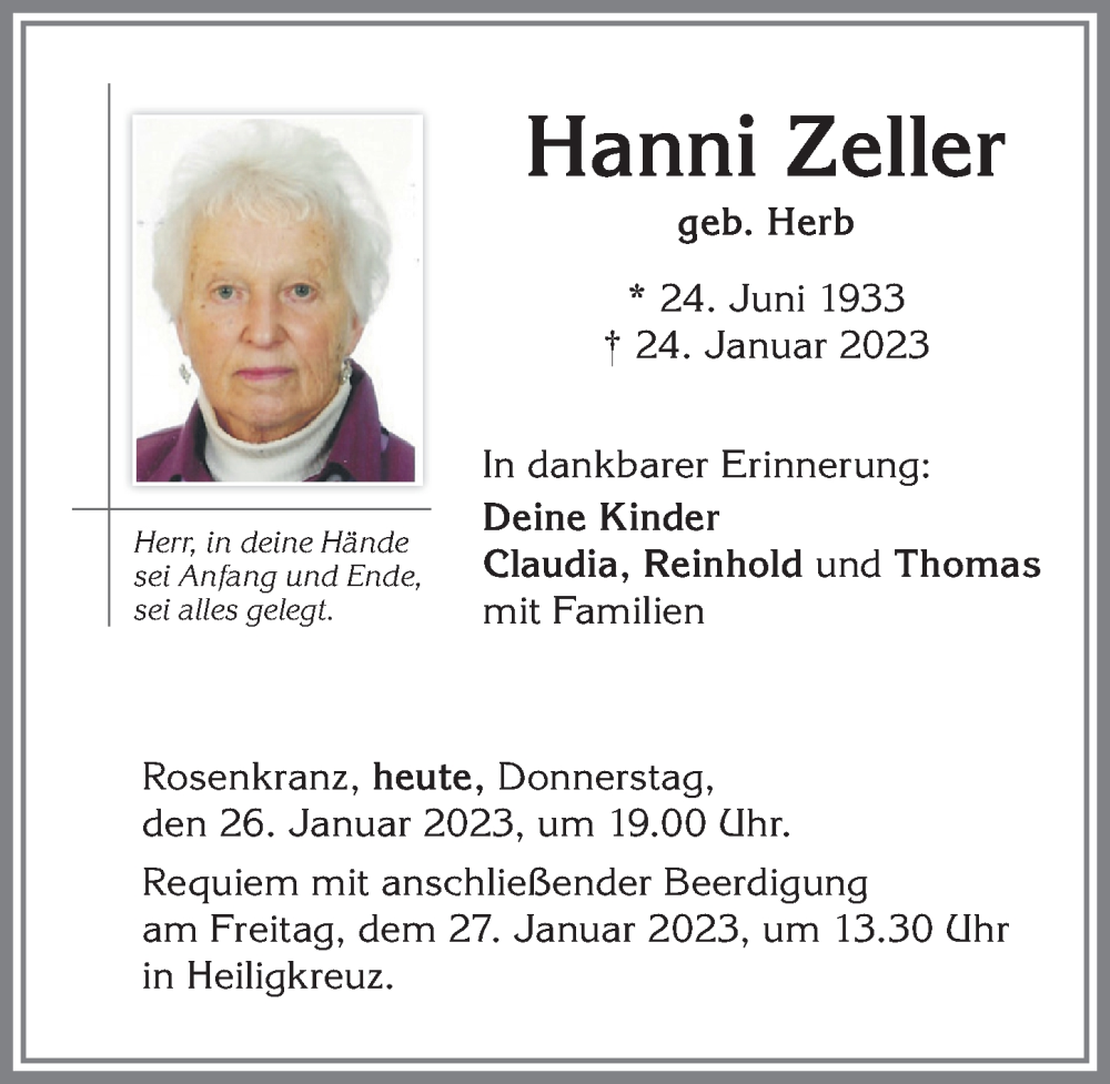  Traueranzeige für Hanni Zeller vom 26.01.2023 aus Allgäuer Zeitung,Kempten