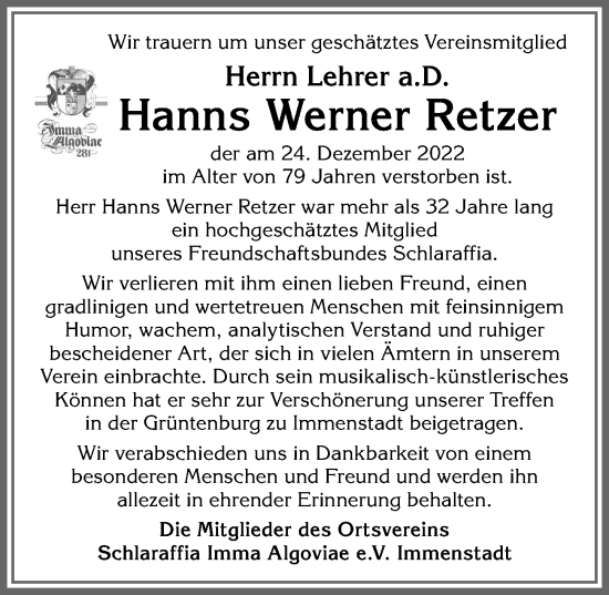 Traueranzeige von Hanns Werner Retzer von Allgäuer Anzeigeblatt