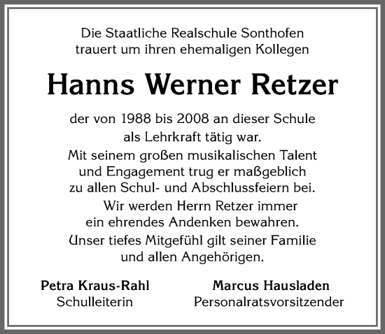 Traueranzeige von Hanns Werner Retzer von Allgäuer Anzeigeblatt