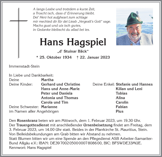 Traueranzeige von Hans Hagspiel von Allgäuer Anzeigeblatt