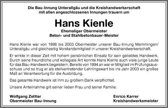 Traueranzeige von Hans Kienle von Mindelheimer Zeitung, Augsburger Allgemeine
