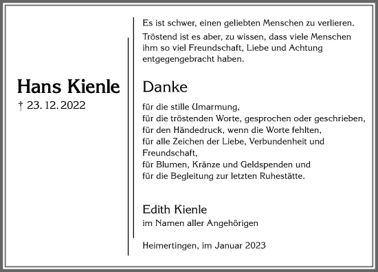 Traueranzeige von Hans Kienle von Memminger Zeitung