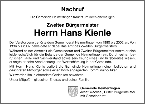Traueranzeige von Hans Kienle von Memminger Zeitung
