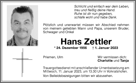 Traueranzeige von Hans Zettler von Memminger Zeitung