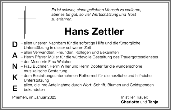 Traueranzeige von Hans Zettler von Memminger Zeitung