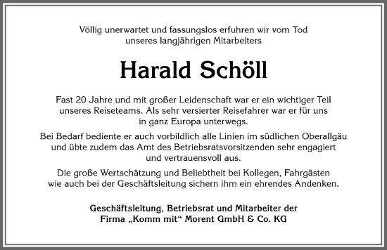 Traueranzeige von Harald Schöll von Allgäuer Anzeigeblatt