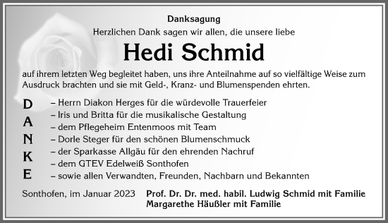 Traueranzeige von Hedi Schmid von Allgäuer Anzeigeblatt