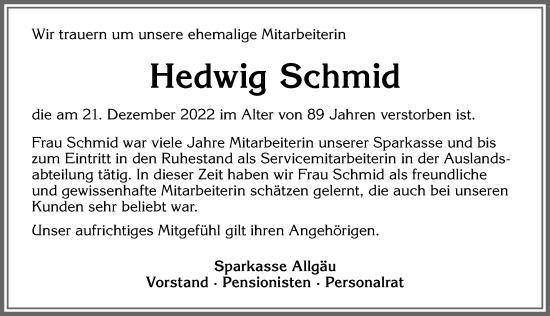 Traueranzeige von Hedwig Schmid von Allgäuer Anzeigeblatt