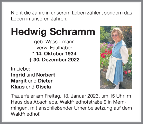 Traueranzeige von Hedwig Schramm von Memminger Zeitung
