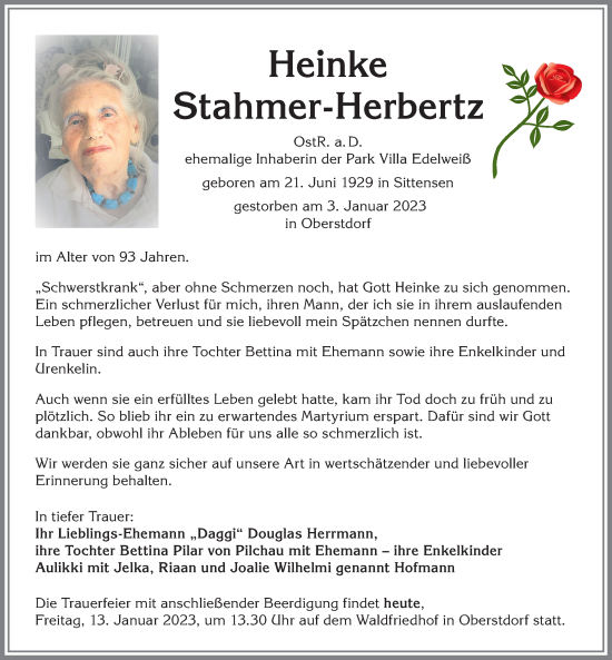 Traueranzeige von Heinke Stahmer-Herbertz von Allgäuer Anzeigeblatt