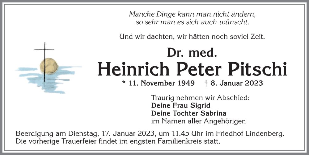  Traueranzeige für Heinrich Peter Pitschi vom 14.01.2023 aus Allgäuer Zeitung, Kaufbeuren/Buchloe