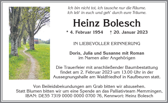 Traueranzeige von Heinz Bolesch von Augsburger Allgemeine, Mindelheimer Zeitung