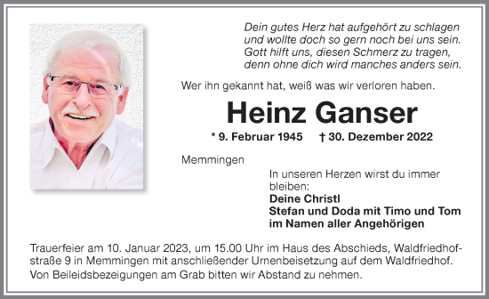Traueranzeige von Heinz Ganser von Memminger Zeitung