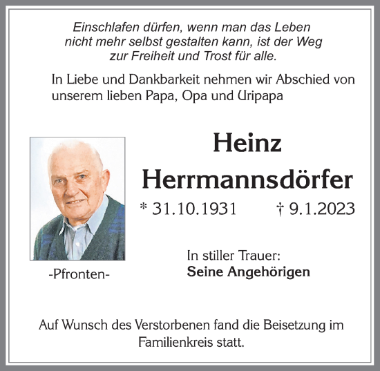 Traueranzeige von Heinz Herrmannsdörfer von Allgäuer Zeitung, Füssen