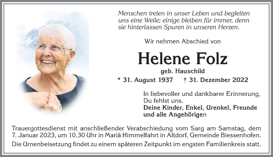 Traueranzeige von Helene Folz von Allgäuer Zeitung, Kaufbeuren/Buchloe